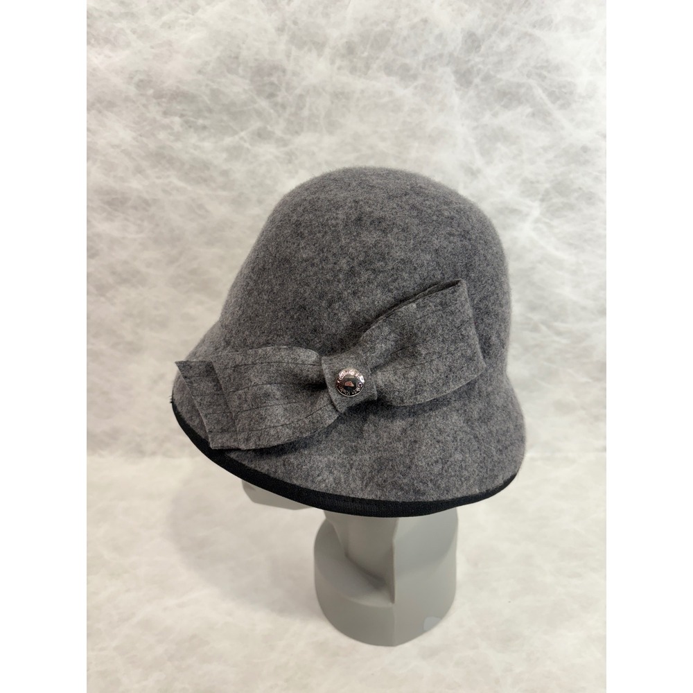 Calvin Klein Womens Gray 100% Wool Cloche Hat with‎ Bow Logo Stud Accent